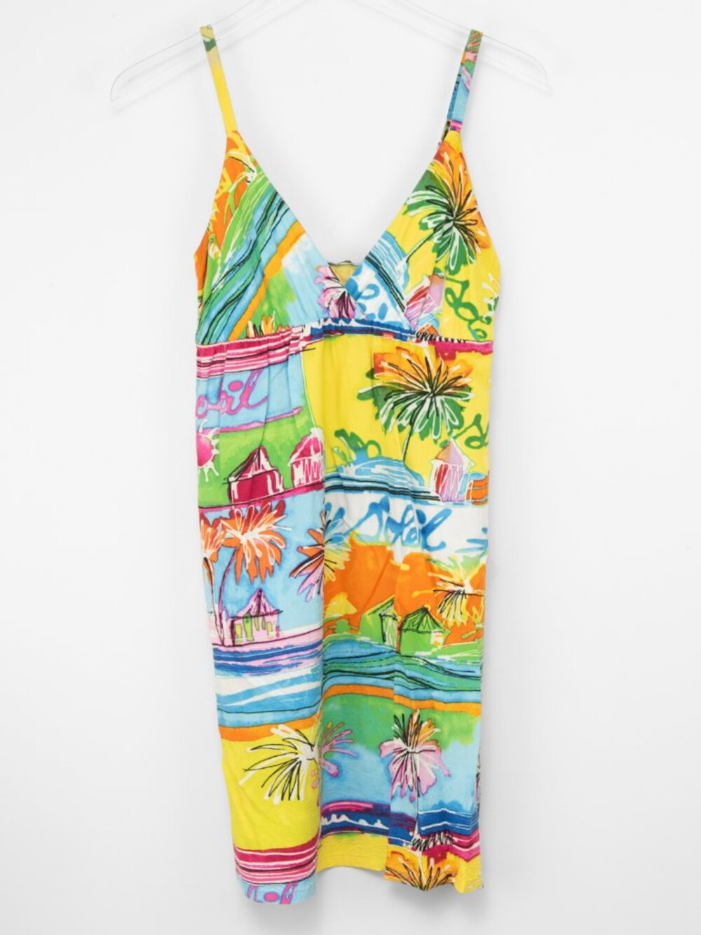 Jams World Dress Sleeveless V-Neck Colorful Tropical Hawaiian Ocean Villa Small